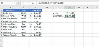 A table showing a SUMIF formula using a logical operator and a cell reference to exclude the 