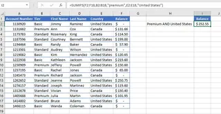 An Excel sheet showing the SUMIFS formula being used to calculate the total balance for premium subscribers in the United States.