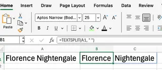 Excel TEXTSPLIT() Basic Example 1