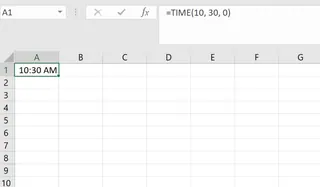 Screenshot of a Microsoft Excel spreadsheet demonstrating the TIME function with the formula =TIME\(10, 30, 0\) in the formula bar and the resulting time value 10:30 AM displayed in cell A1. 2