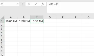 Excel screenshot showing the calculation of a time difference using the formula =B1 - A1 in cell C1. The start time in A1 is 10:00 AM, the end time in B1 is 1:30 PM, and the resulting duration displayed in C1 is 3:30 AM. 5