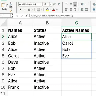 Excel UNIQUE with FILTER 6