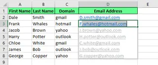 Generate email addresses using Flash Fill in Excel. 11