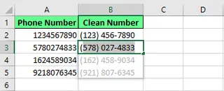Formatting the phone numbers using Flash Fill in Excel. 9