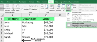 Freezing the first column in an Excel sheet 2