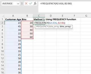 FREQUENCY() 함수를 사용한 빈도 분포 공식 2