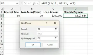 Excel Goal Seek options for the loan payment example 7