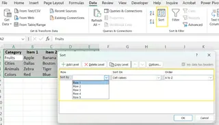 Using the Sort dialog box to sort rows alphabetically in Excel. 6