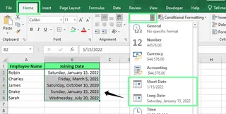 Changing the date format using Number group in the Home tab in Excel. 2
