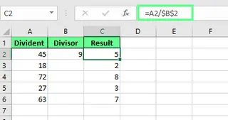 Dividing the numbers using the absolute reference in the formula in Excel 2