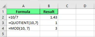 Dividing the numbers using the MOD() function to get the remainder of the result in Excel 5