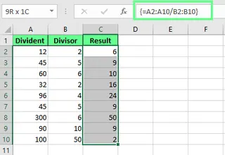 Dividing the numbers using array formula in Excel 6
