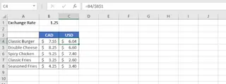 An Excel formula showing division by an absolute cell reference, like =B4/$B$1.