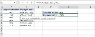 A VLOOKUP formula returning an #N/A error.