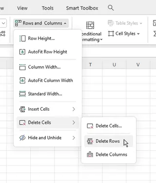 Delete Sheet Rows option in Excel