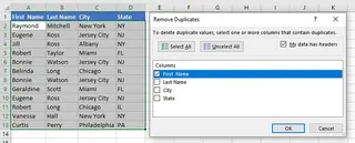 The Remove Duplicates dialog box in Excel