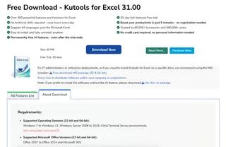 시스템 요구 사항이 표시된 Kutools for Excel 다운로드 페이지 2