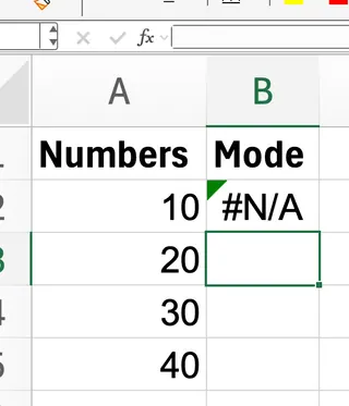 Mode function in Excel with no mode and #N/A result 3