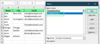 Running the macro to remove the blank rows in Excel. 6