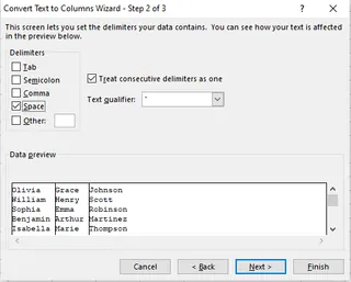 Select Space as a delimiter in the wizard window in Excel 3