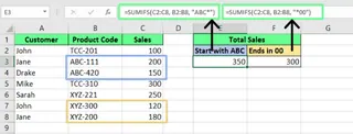 Summing up the values using wildcards in SUMIFS function in Excel 5