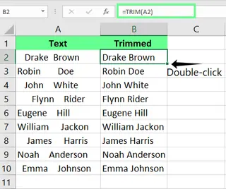 Removing all the extra spaces with the TRIM function in Excel. 2