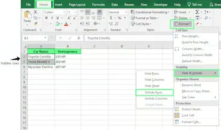 Unhiding rows in excel using the ribbon home tab. 2
