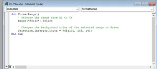 Code for changing the color of the selected range using VBA in Excel 11