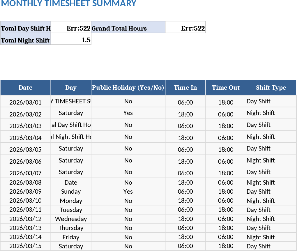 Monthly Timesheet Automation Template