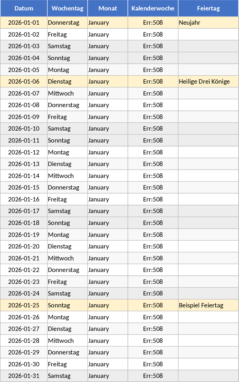 2026 Feiertagskalender Vorlage
