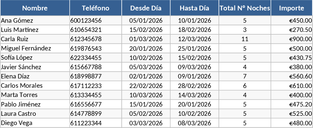 Monatliche Ferienwohnung-Buchungsliste Vorlage