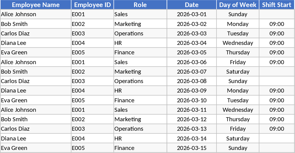 Dienstplan und Arbeitszeiterfassung Vorlage