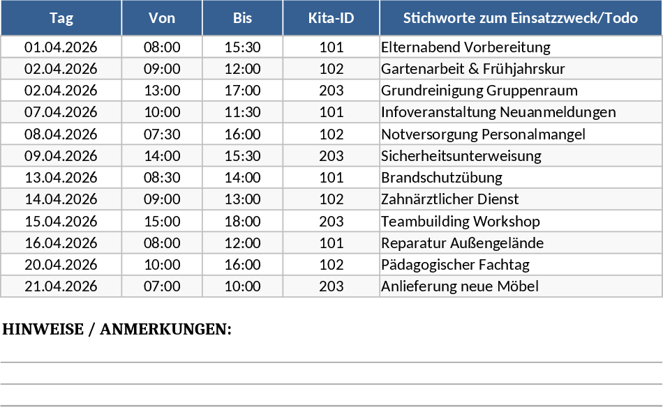 Daycare Schedule & Task Tracker Template