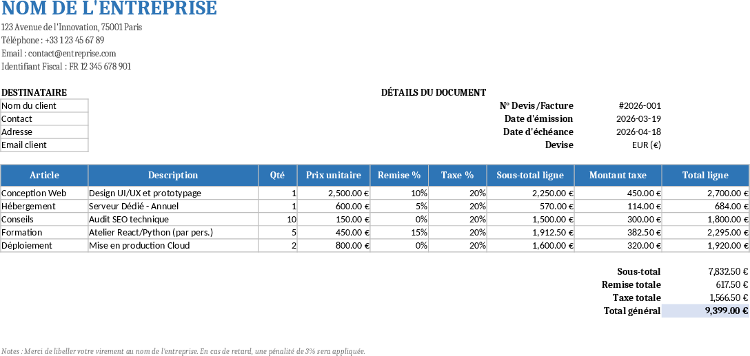 Professional Quote and Invoice Excel Template