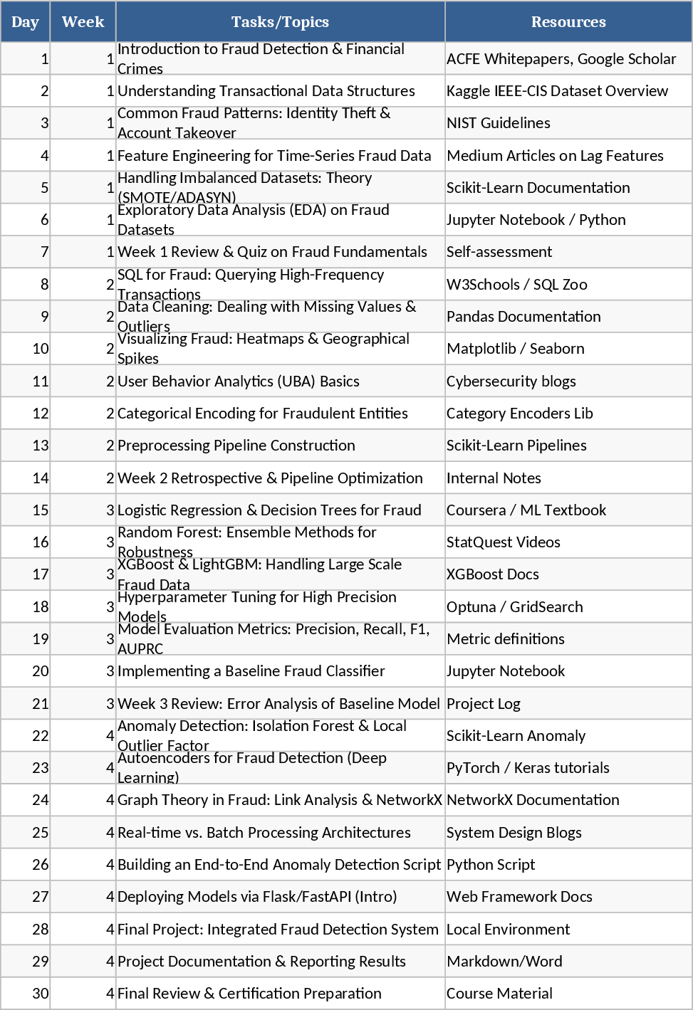 30-Day Fraud Detection Project Planner Template