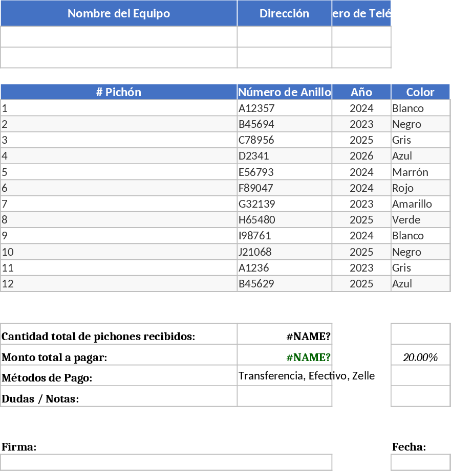 Del Toro 비둘기 경주 로프트 등록 및 결제 추적 템플릿