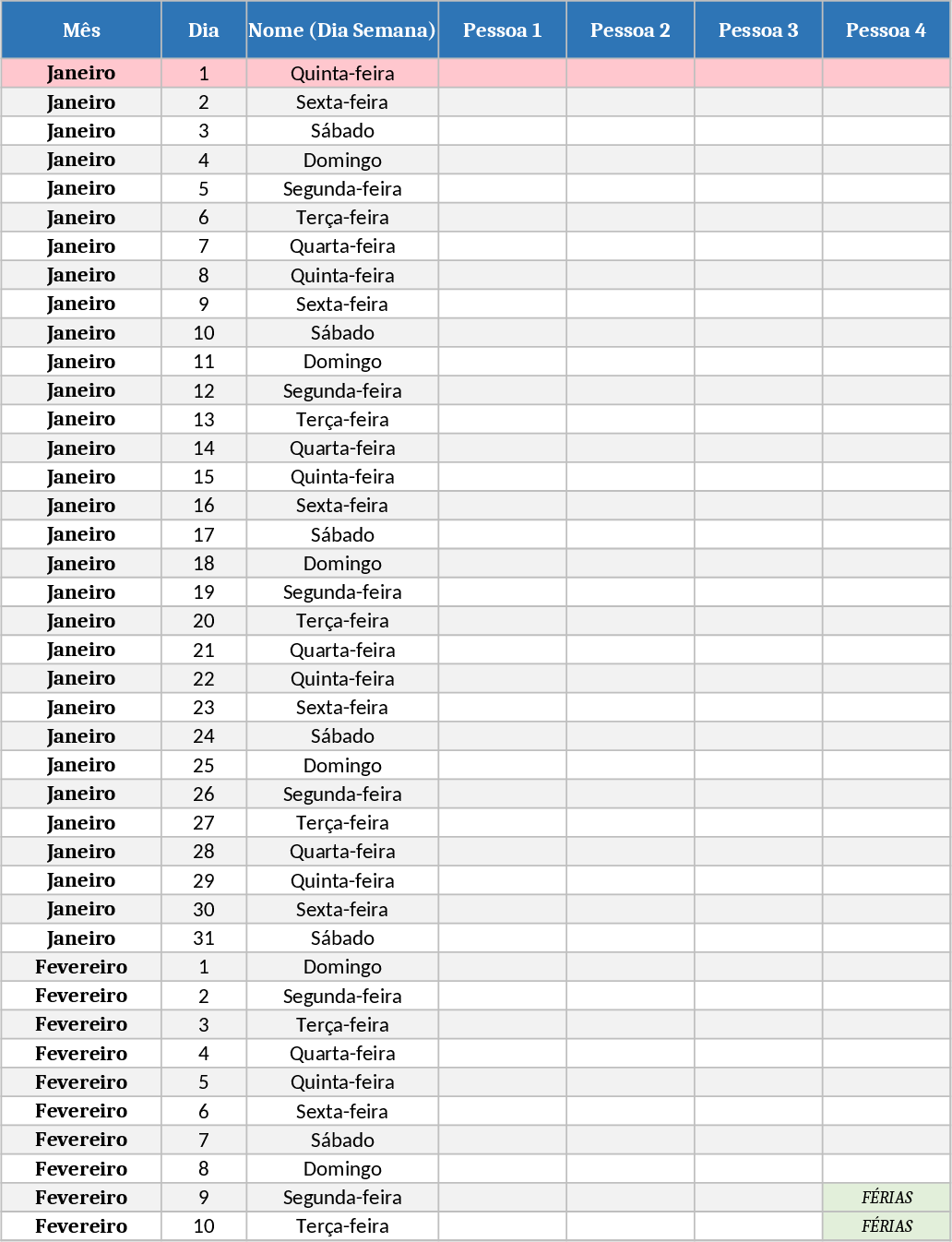2026 Six-Person Vacation Schedule Template