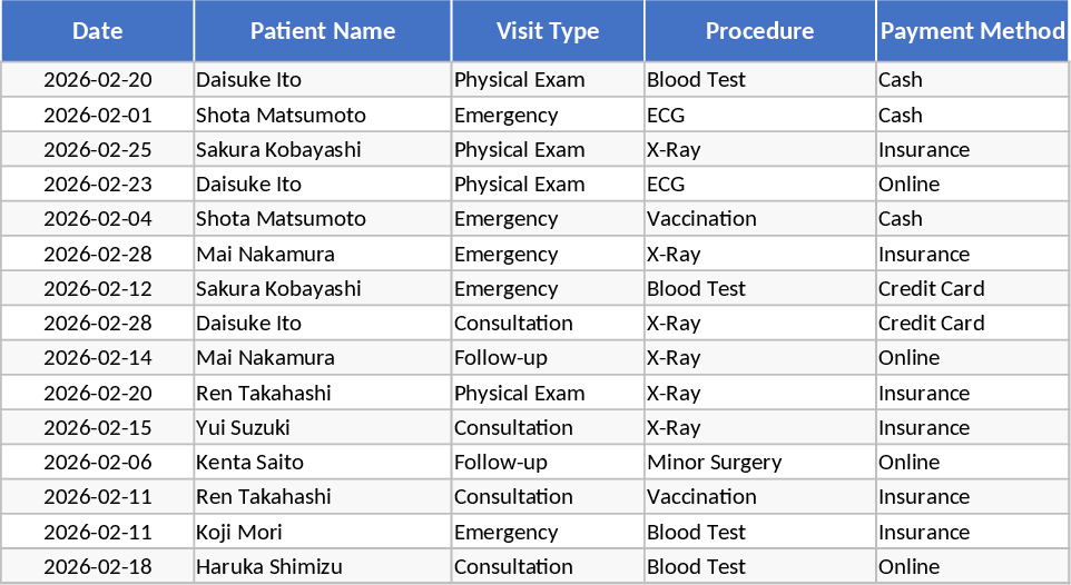 의료기관 일일 매출 및 환자 방문 추적 템플릿
