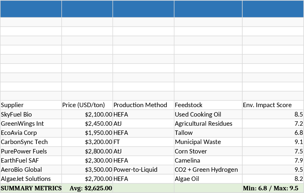 Sustainable Aviation Fuel Data Summary Template