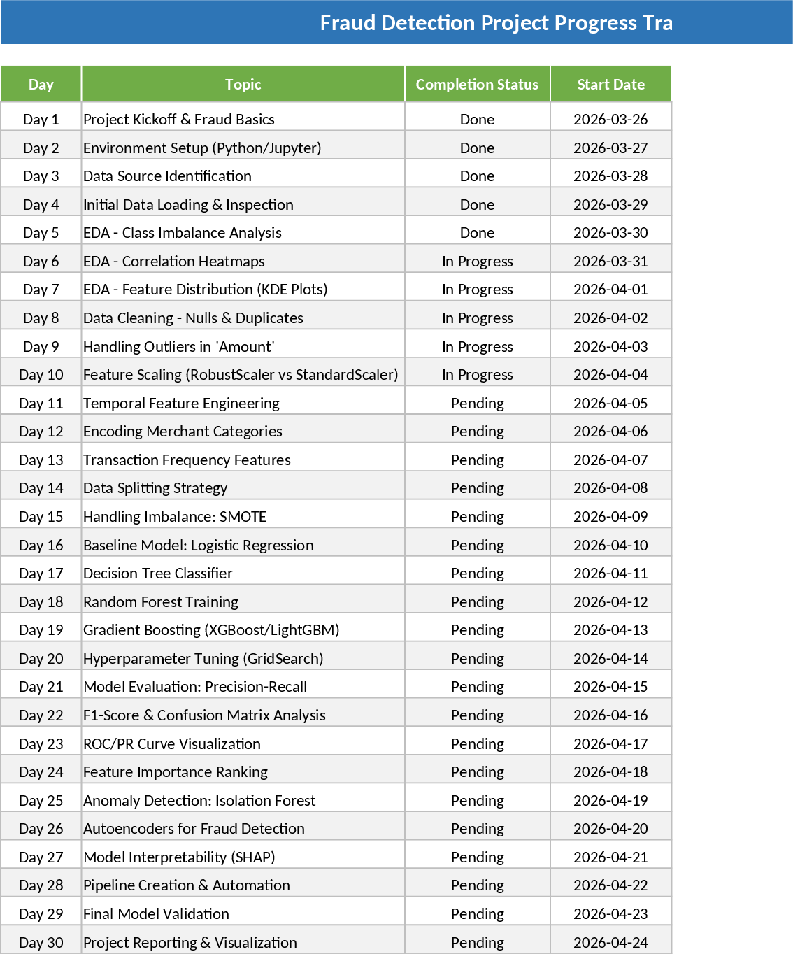 30-Day Fraud Detection Project Planner Template