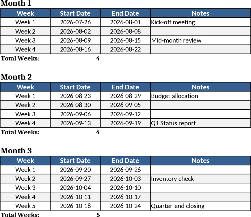 Custom Quarterly Calendar Jul 2026‑Jul 2027 Template