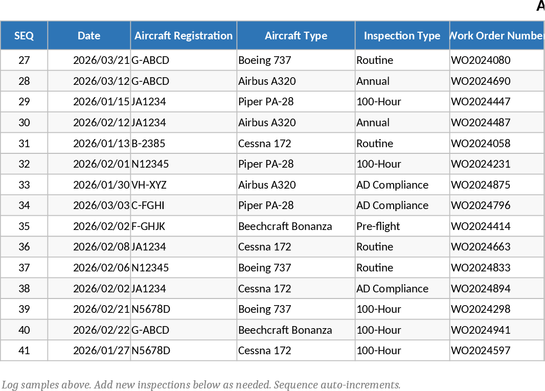 항공기 정비 검사 로그북 템플릿