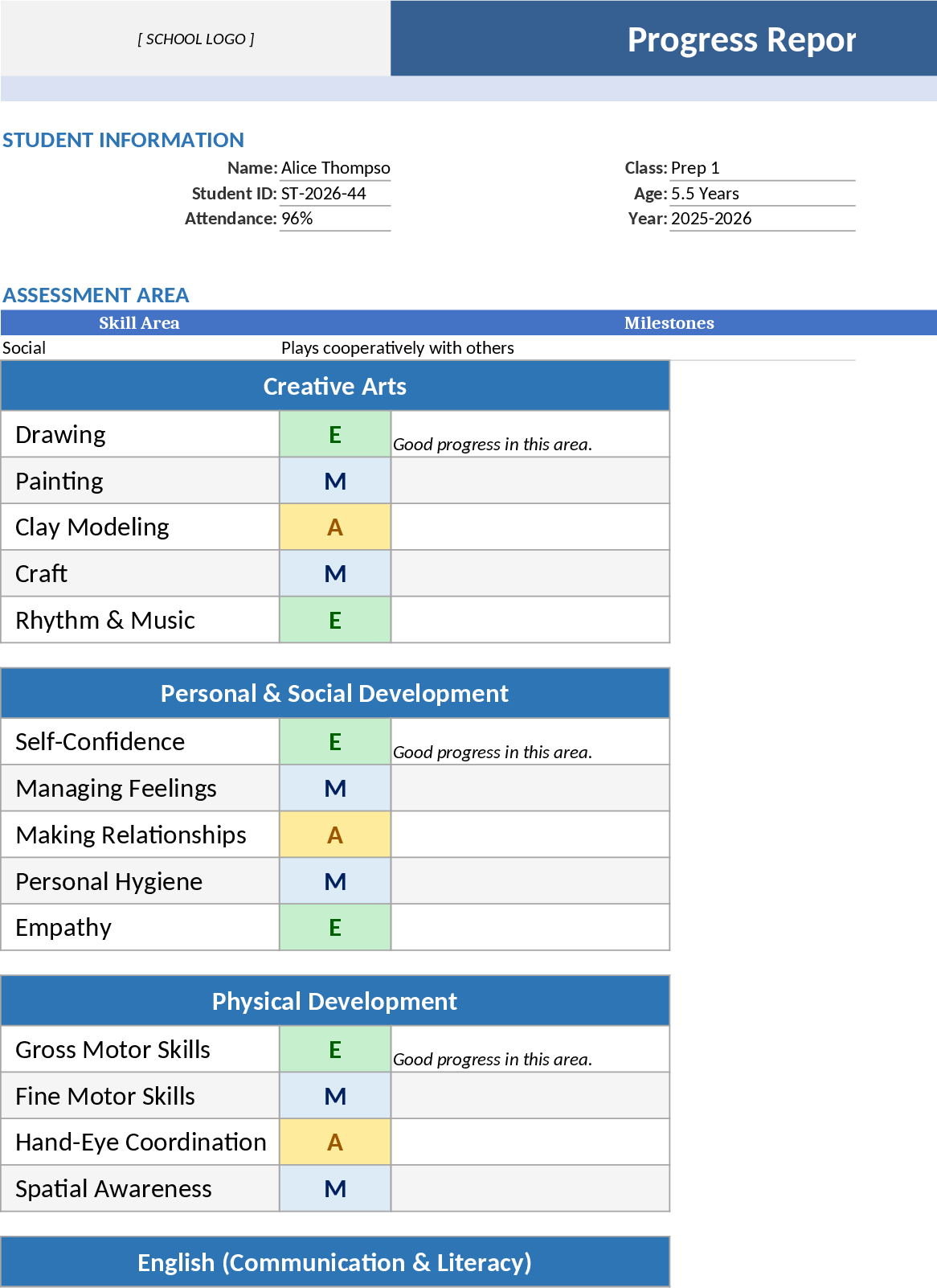 Cambridge Inn Pre‑Primary Report Card Template
