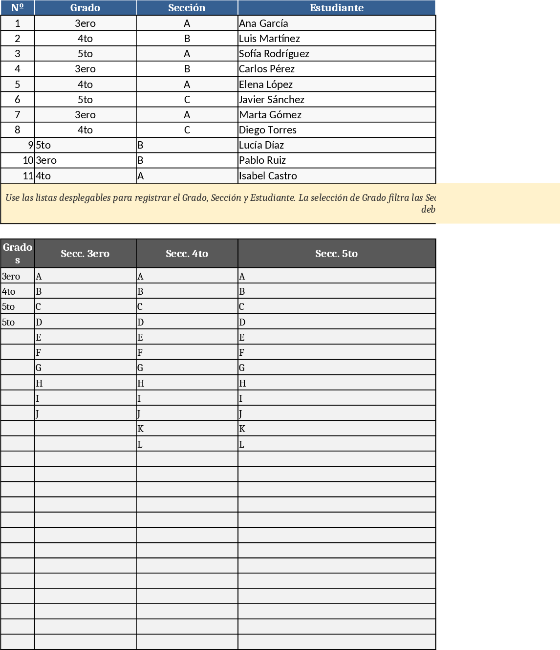 Grade-Section-Student Dependent Dropdown Tracker Template
