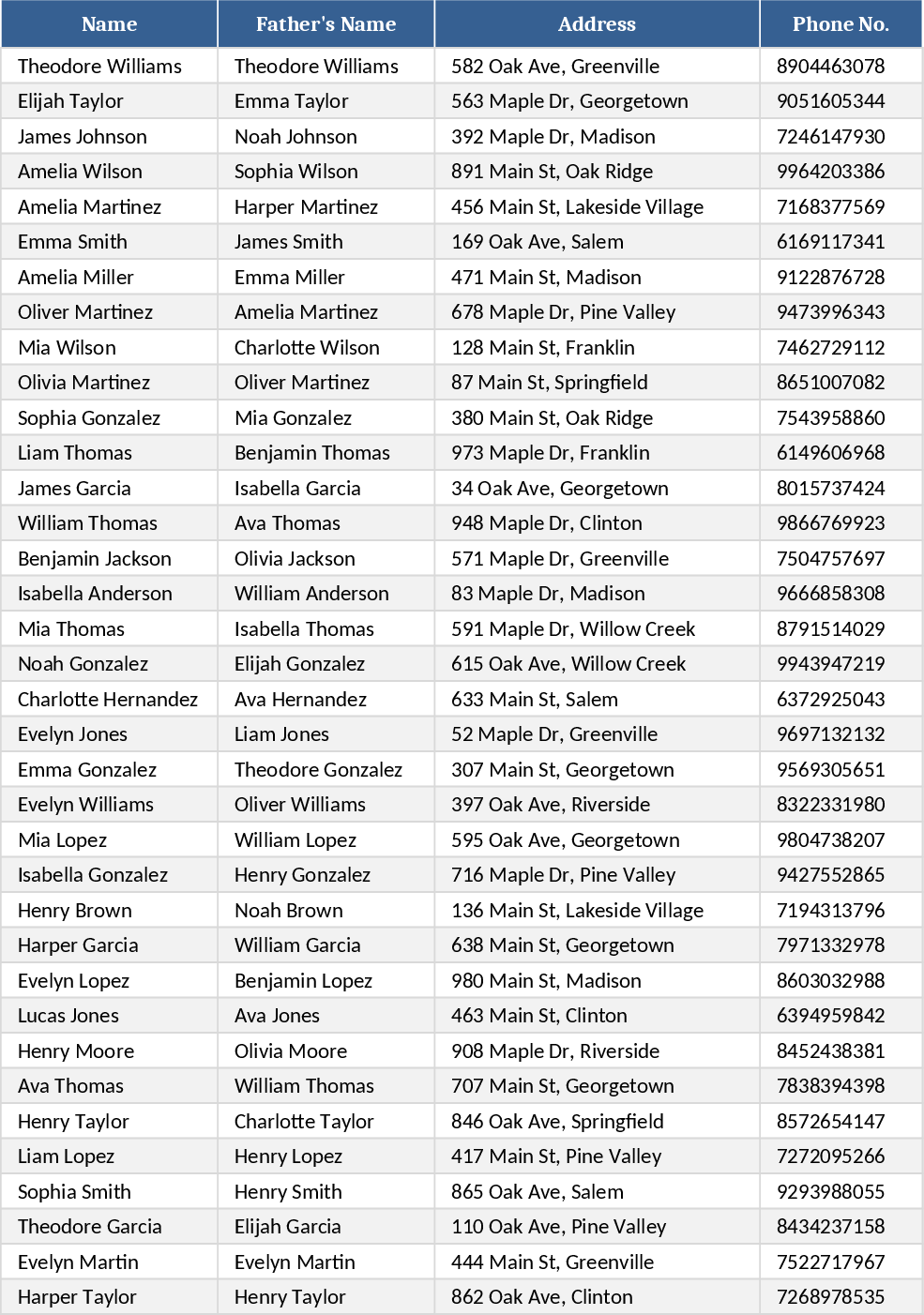 Class 12 Student Information Dataset Template