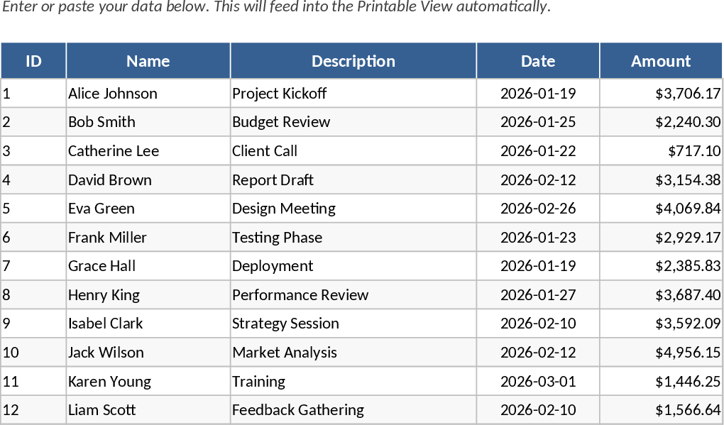 자동 인쇄용 데이터 보고서 및 PDF 내보내기 템플릿