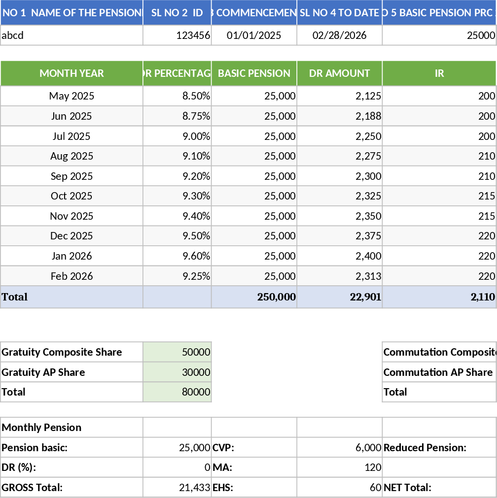 동적 연금 체불 및 월 급여 계산 템플릿